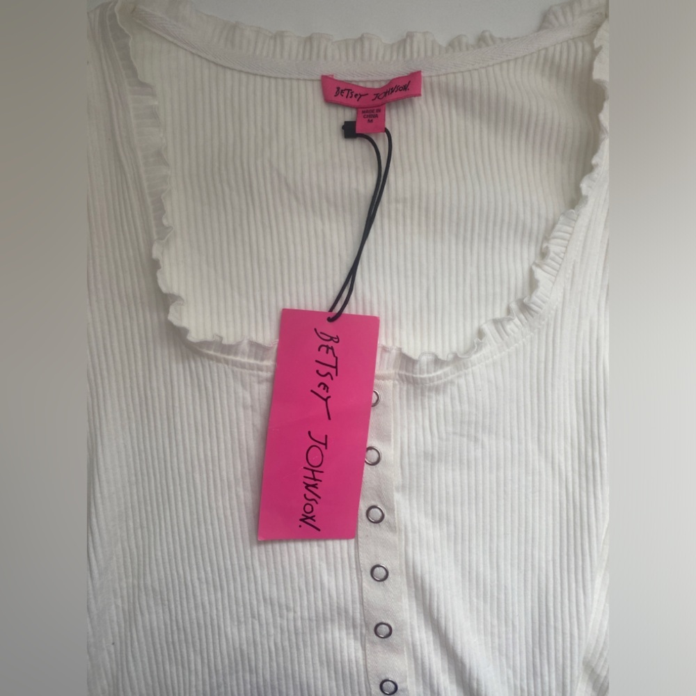 Betsey Johnson White Scoop Neck Ruffled Eyelet Button Front Mini Dress NWT - Picture 4 of 5